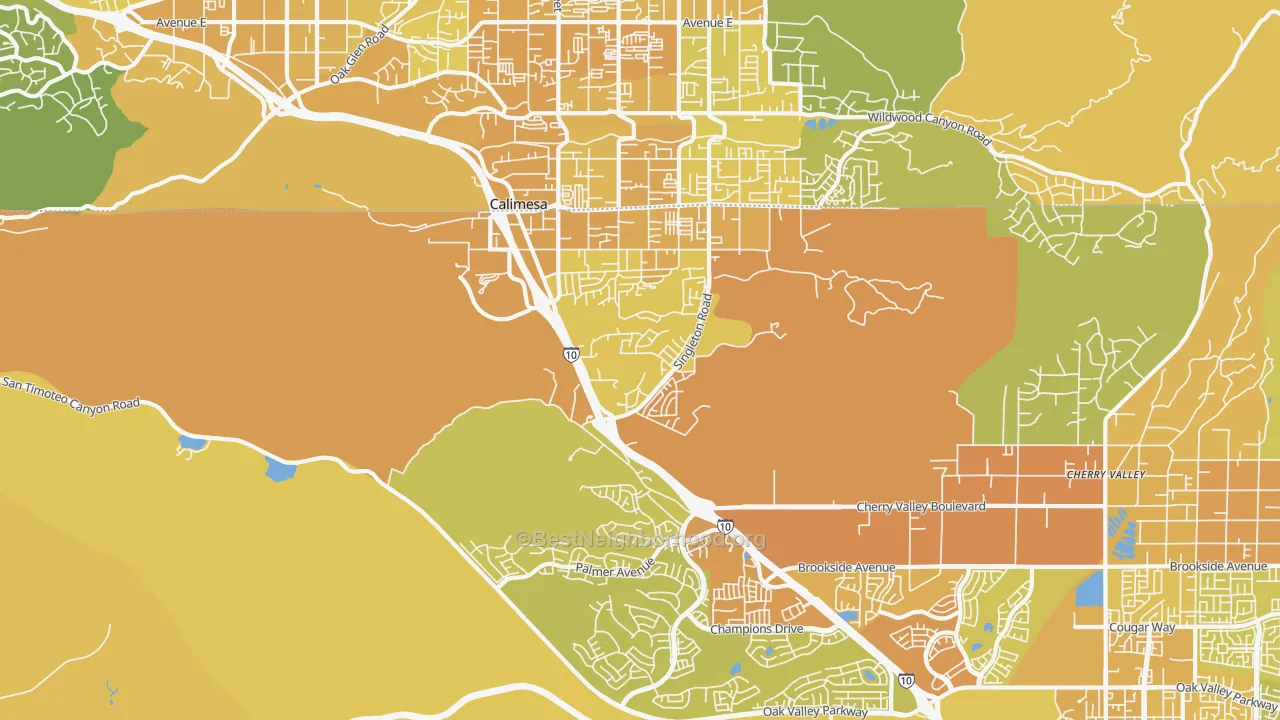 Map of the best neighborhoods in the Calimesa area, with better matches in green and worse matches in red