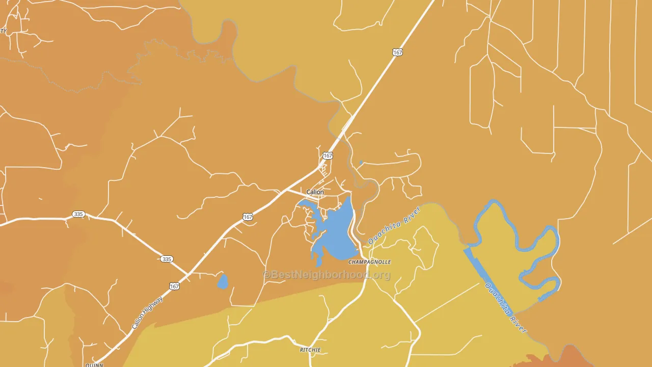 Map of the best neighborhoods in the Calion area, with better matches in green and worse matches in red