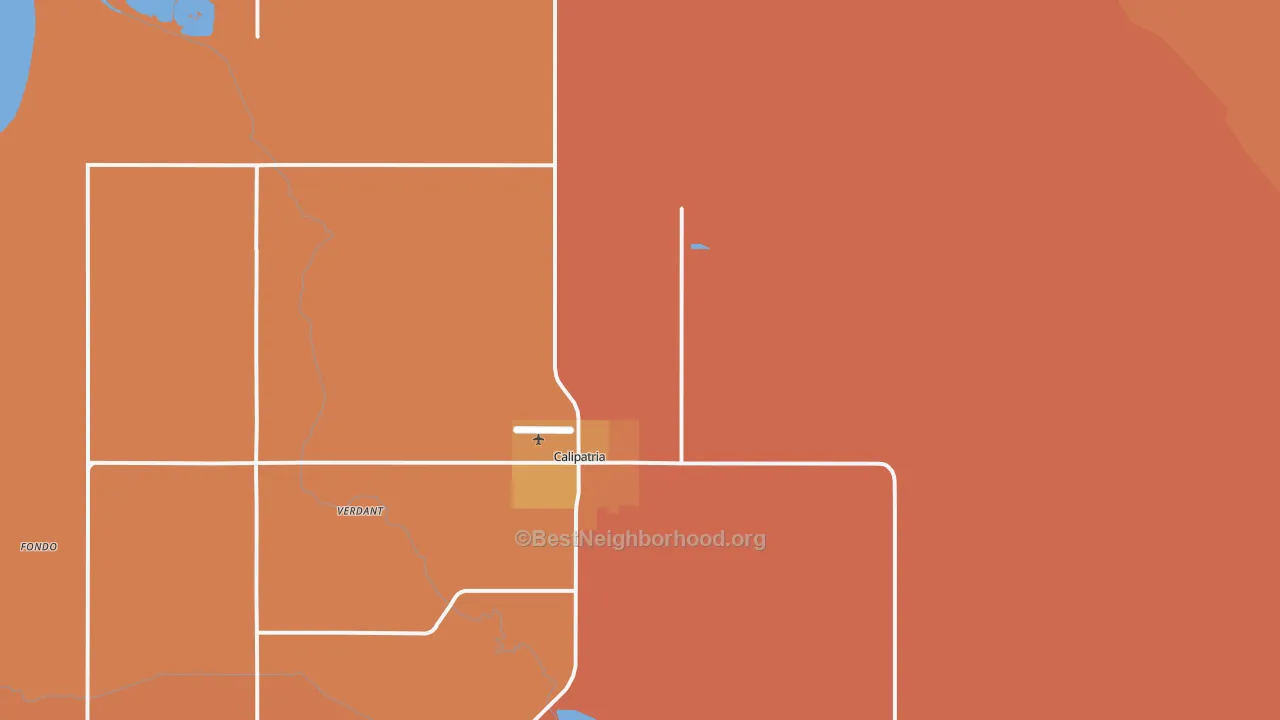 Map of the best neighborhoods in the Calipatria area, with better matches in green and worse matches in red