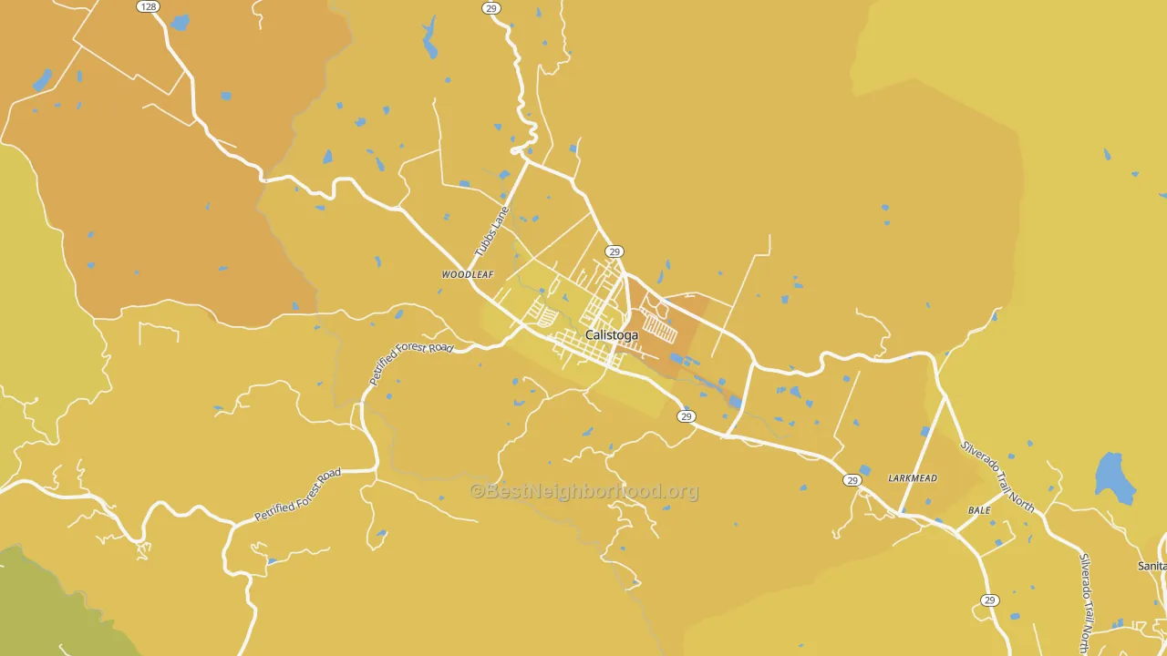 Map of the best neighborhoods in the Calistoga area, with better matches in green and worse matches in red