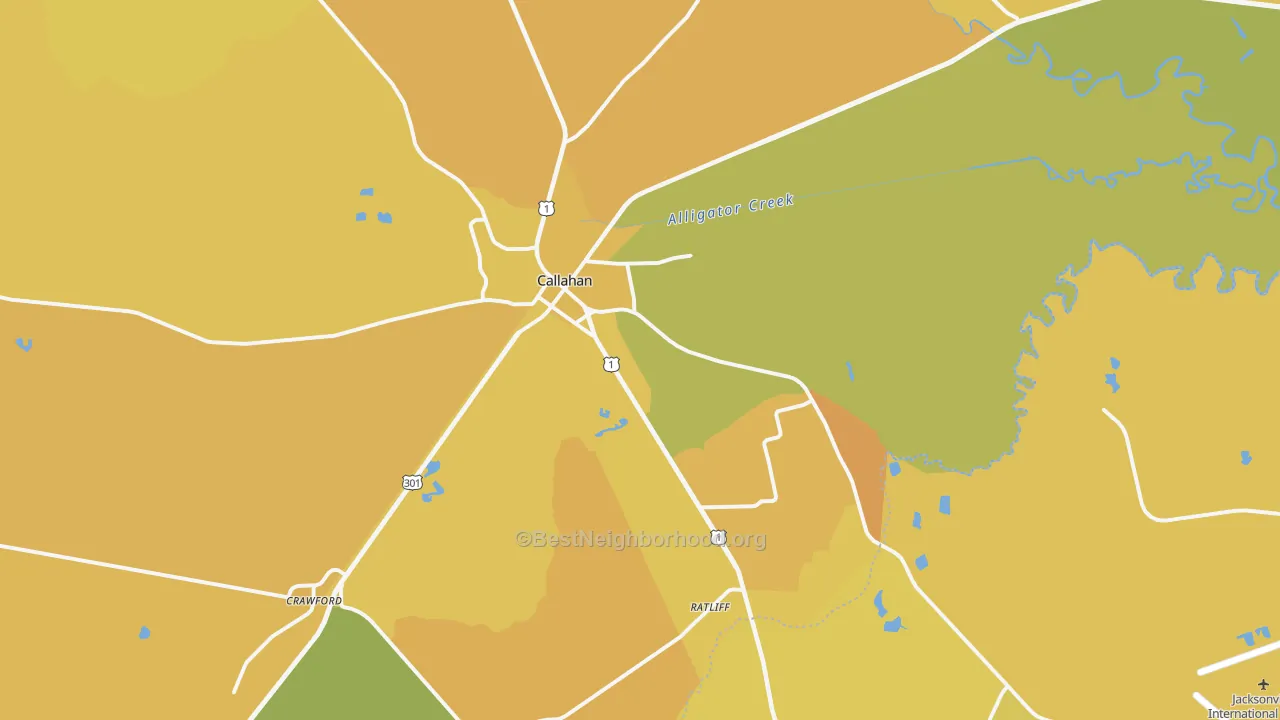 Map of the best neighborhoods in the Callahan area, with better matches in green and worse matches in red