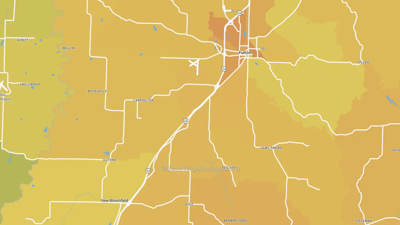 Map of the best neighborhoods in the Callaway County area, with better matches in green and worse matches in red