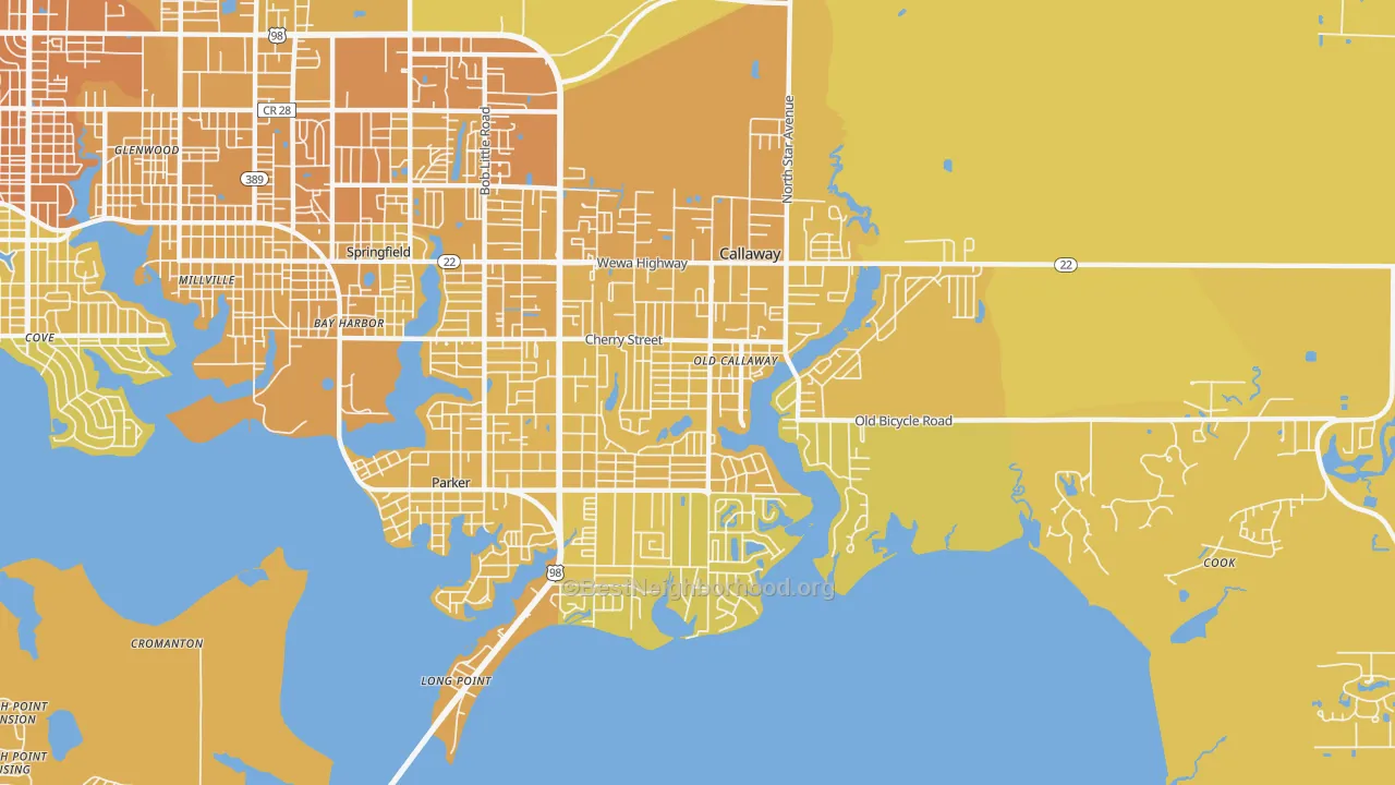 Map of the best neighborhoods in the Callaway area, with better matches in green and worse matches in red