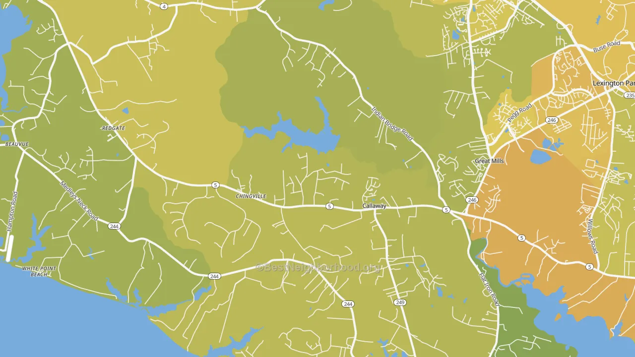 Map of the best neighborhoods in the Callaway area, with better matches in green and worse matches in red