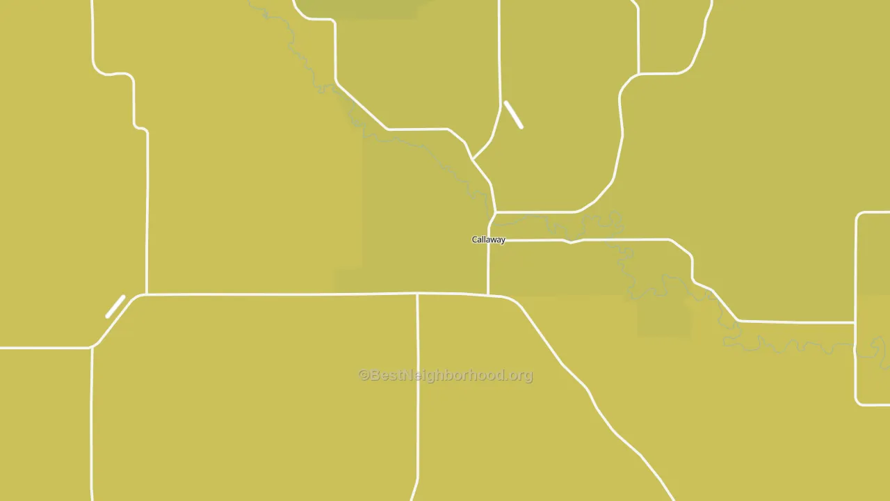 Map of the best neighborhoods in the Callaway area, with better matches in green and worse matches in red
