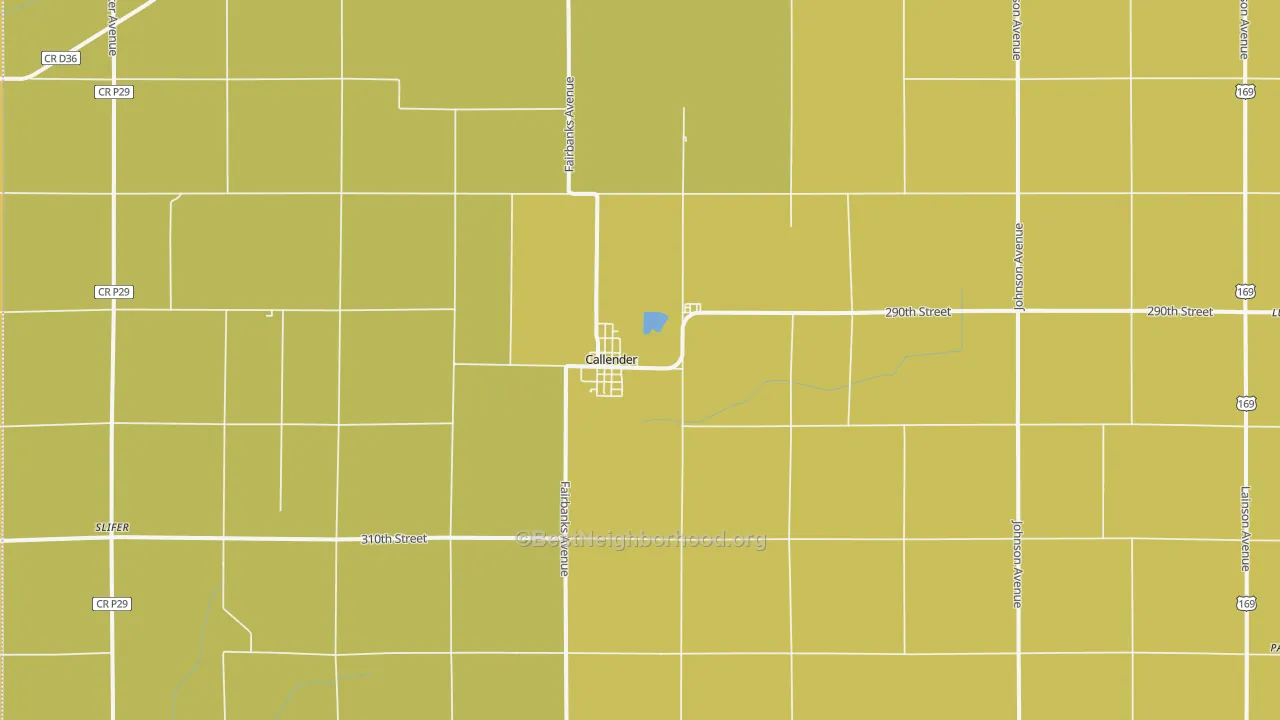 Map of the best neighborhoods in the Callender area, with better matches in green and worse matches in red