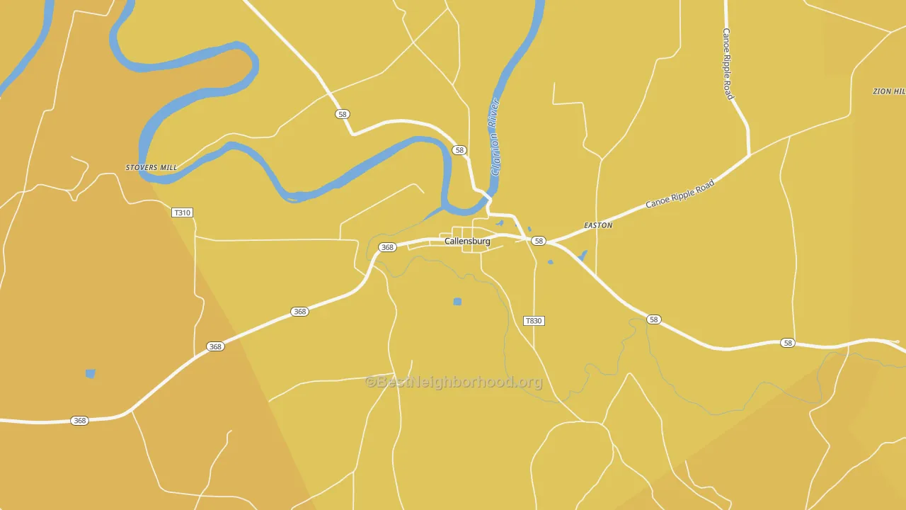 Map of the best neighborhoods in the Callensburg area, with better matches in green and worse matches in red