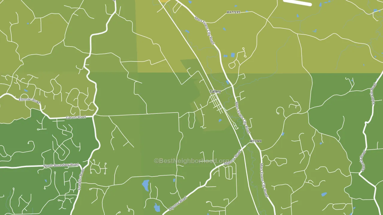 Map of the best neighborhoods in the Callery area, with better matches in green and worse matches in red