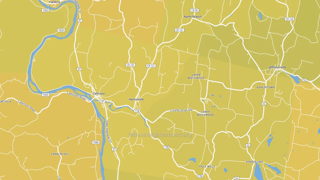 Map of the best neighborhoods in the Callicoon area, with better matches in green and worse matches in red