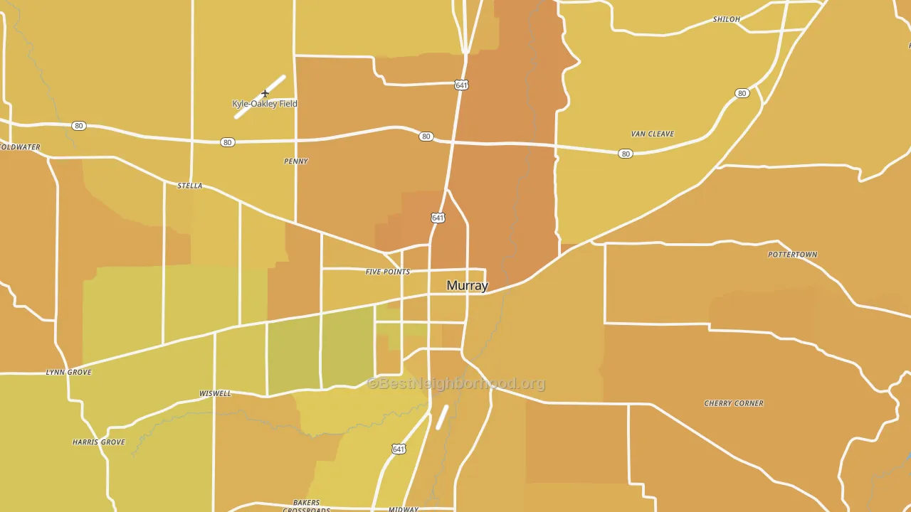 Map of the best neighborhoods in the Calloway County area, with better matches in green and worse matches in red