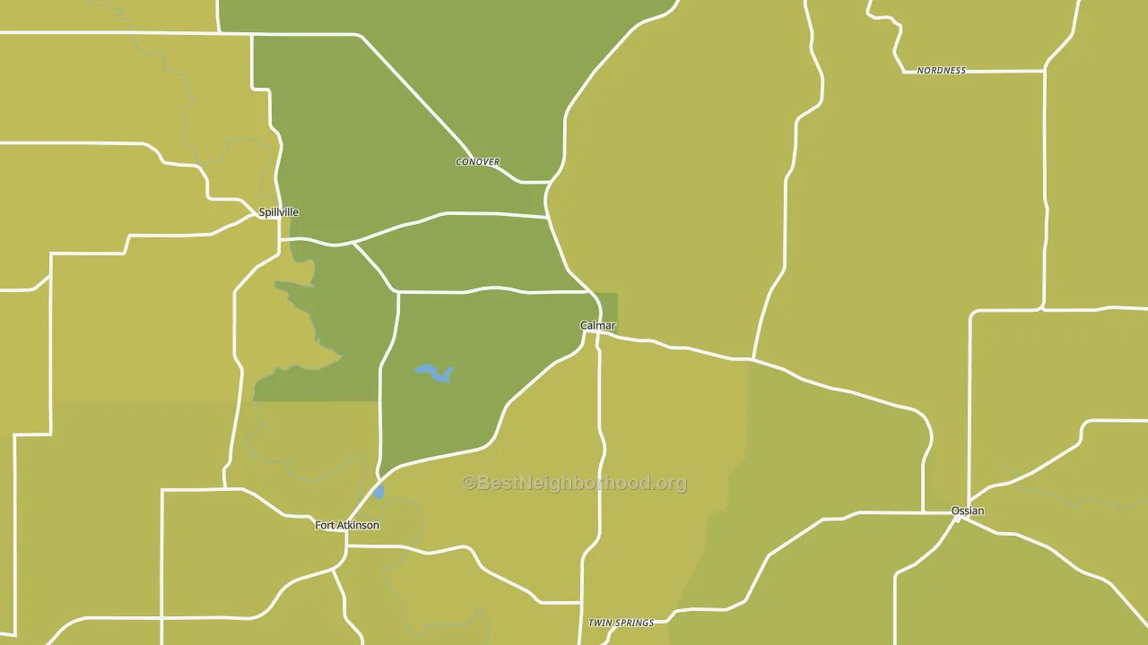 Map of the best neighborhoods in the Calmar area, with better matches in green and worse matches in red