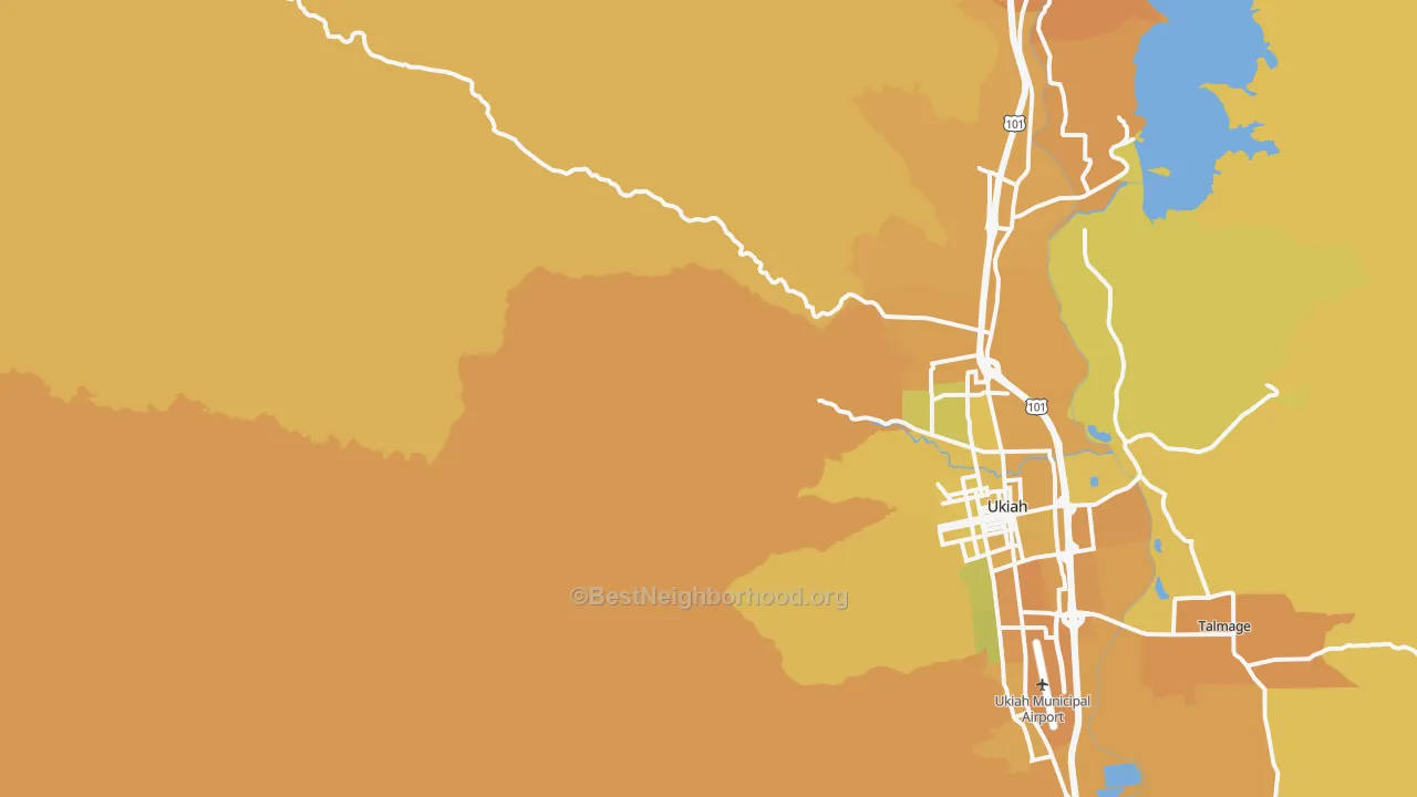 Map of the best neighborhoods in the Calpella area, with better matches in green and worse matches in red