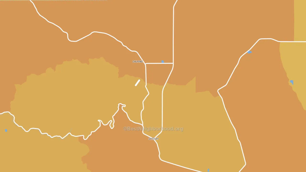 Map of the best neighborhoods in the Calpine area, with better matches in green and worse matches in red