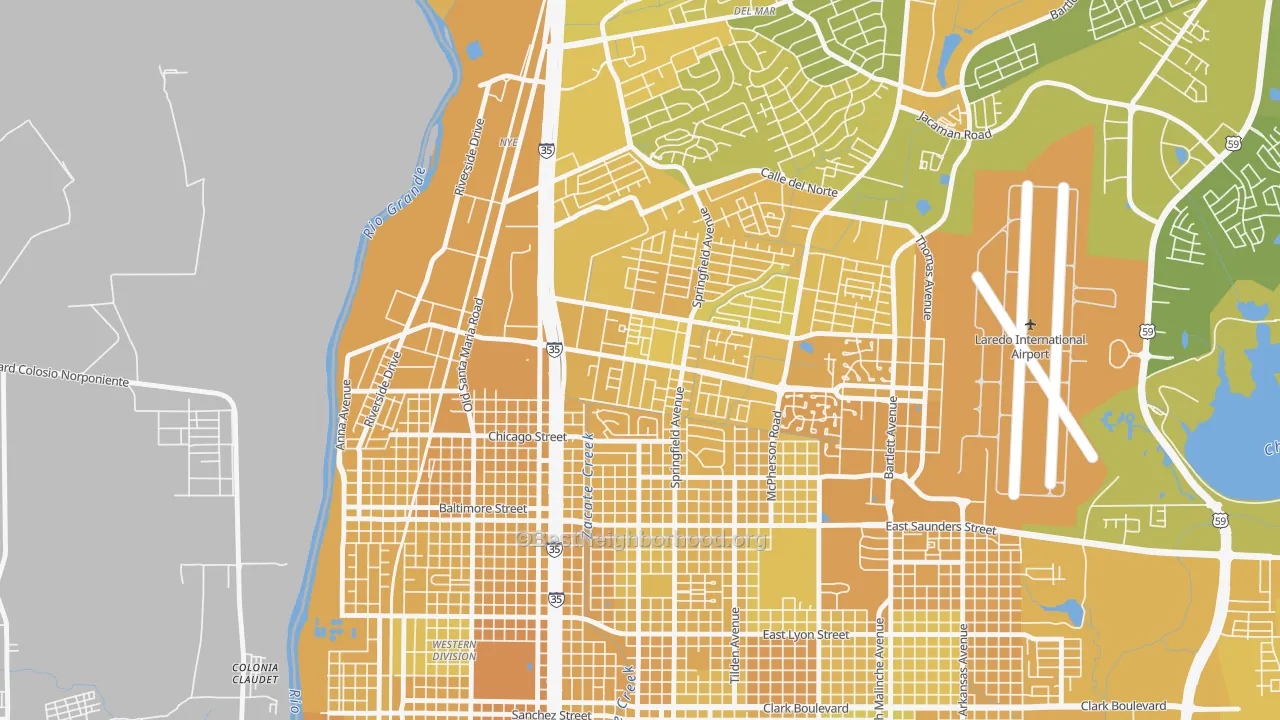 Map of the best neighborhoods in the Calton Gardens, Laredo area, with better matches in green and worse matches in red