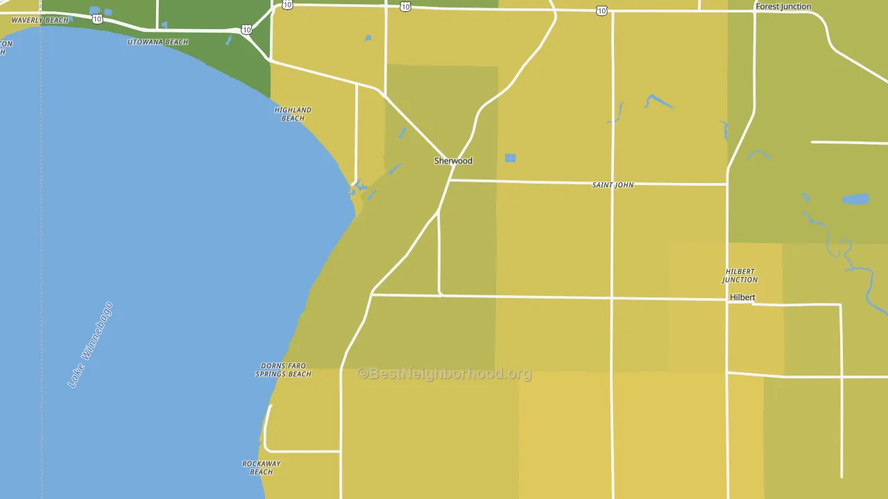 Map of the best neighborhoods in the Calumet County area, with better matches in green and worse matches in red