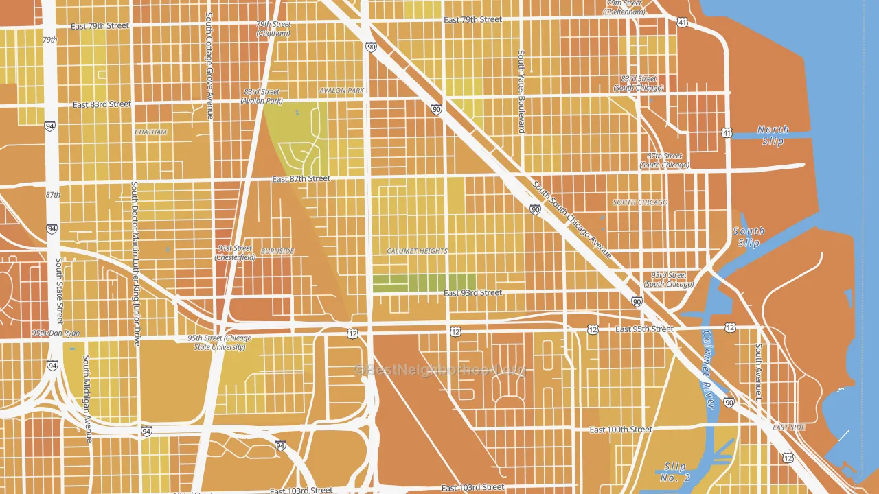 Map of the best neighborhoods in the Calumet Heights, Chicago area, with better matches in green and worse matches in red