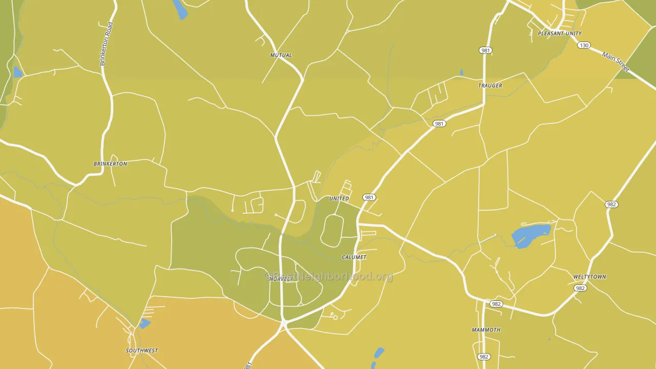 Map of the best neighborhoods in the Calumet area, with better matches in green and worse matches in red
