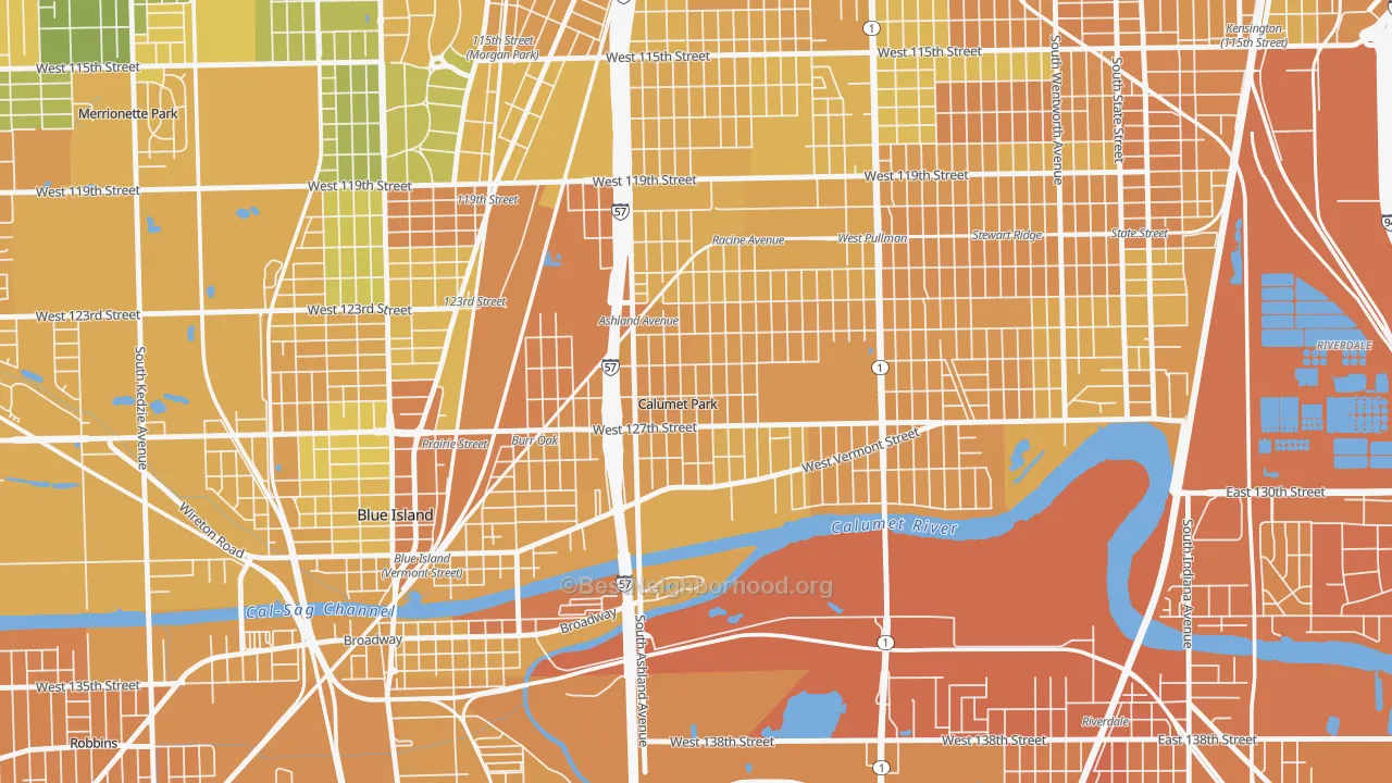 Map of the best neighborhoods in the Calumet Park area, with better matches in green and worse matches in red