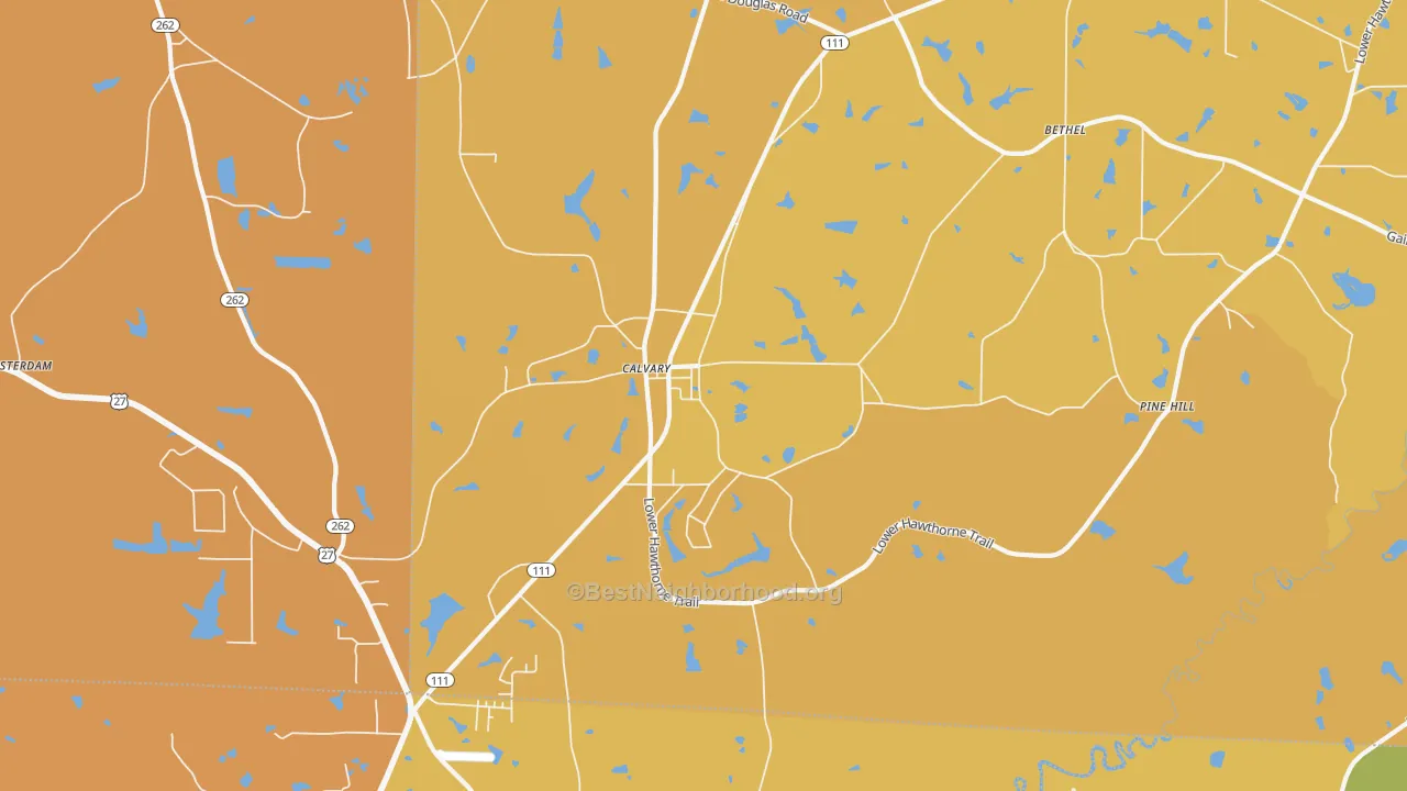 Map of the best neighborhoods in the Calvary area, with better matches in green and worse matches in red