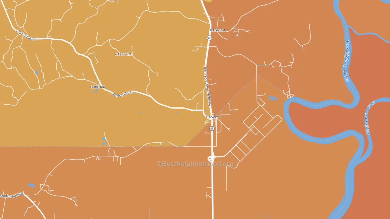 Map of the best neighborhoods in the Calvert area, with better matches in green and worse matches in red