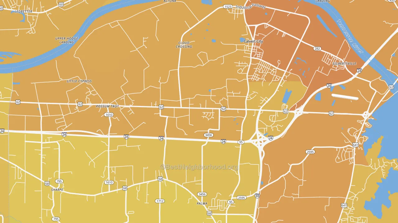 Map of the best neighborhoods in the Calvert City area, with better matches in green and worse matches in red