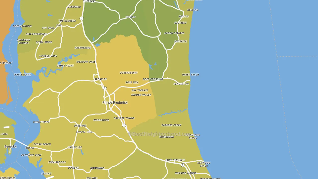 Map of the best neighborhoods in the Calvert County area, with better matches in green and worse matches in red
