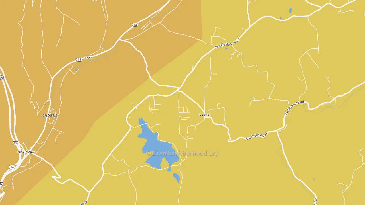 Map of the best neighborhoods in the Calvert area, with better matches in green and worse matches in red