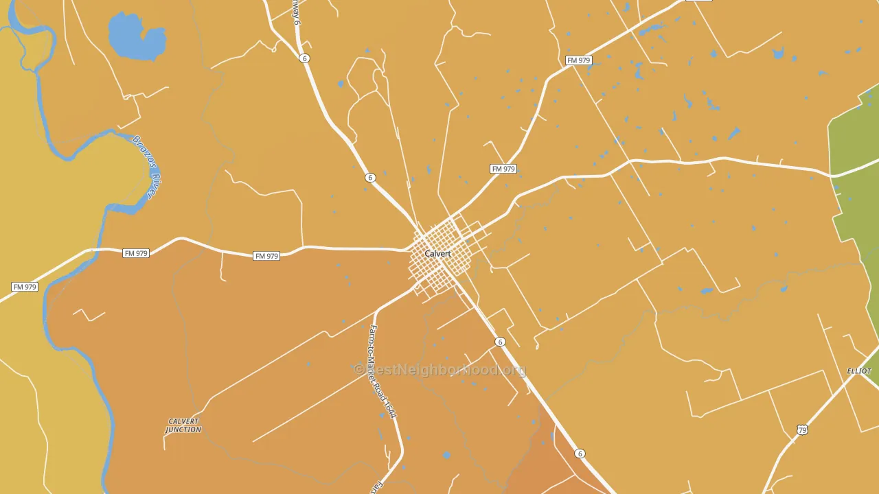 Map of the best neighborhoods in the Calvert area, with better matches in green and worse matches in red