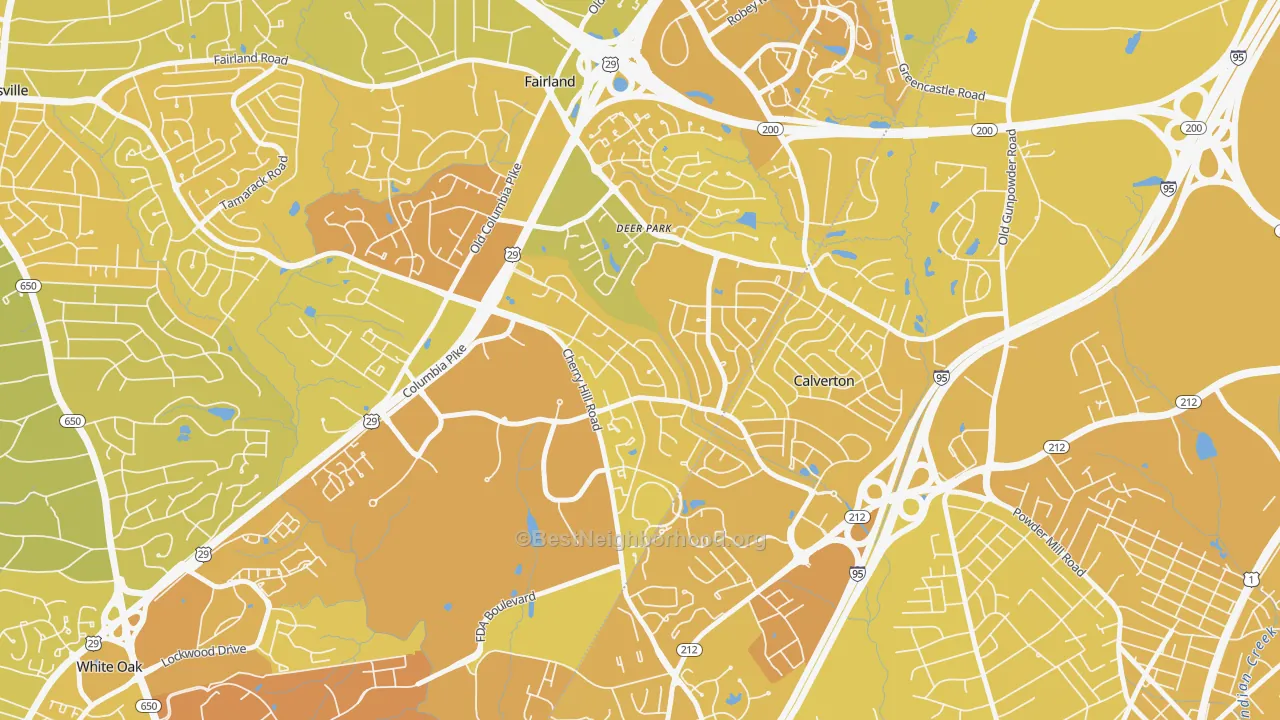 Map of the best neighborhoods in the Calverton area, with better matches in green and worse matches in red