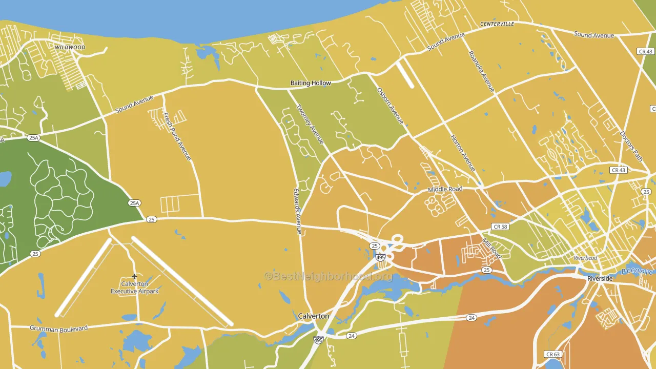 Map of the best neighborhoods in the Calverton area, with better matches in green and worse matches in red