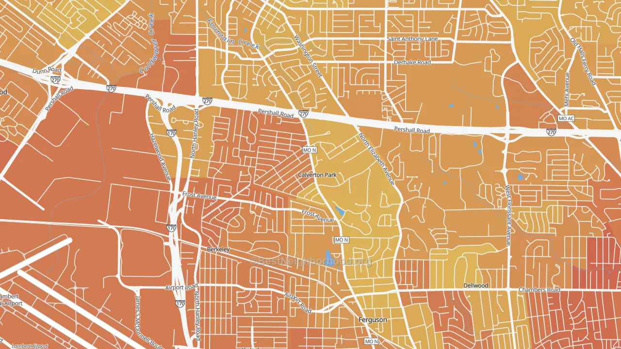 Map of the best neighborhoods in the Calverton Park area, with better matches in green and worse matches in red