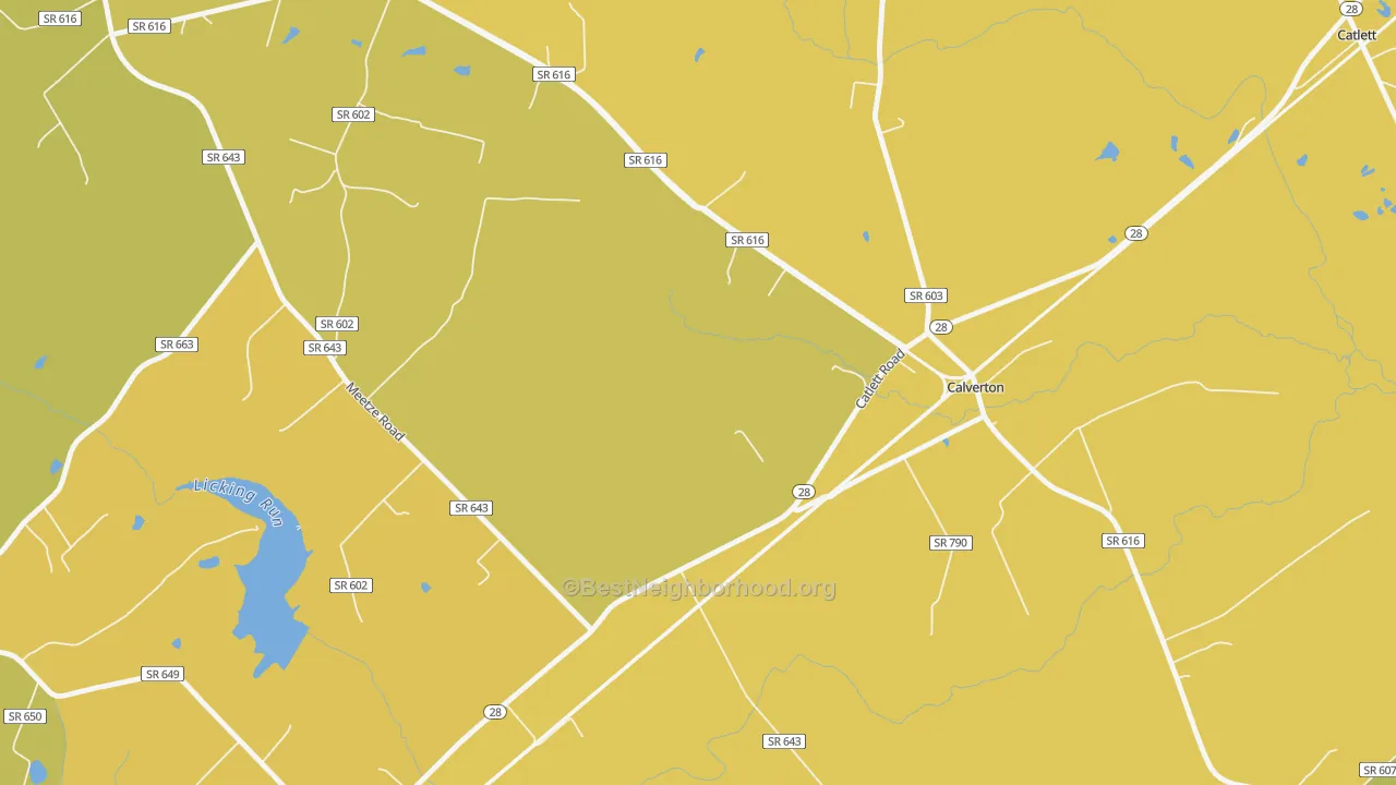 Map of the best neighborhoods in the Calverton area, with better matches in green and worse matches in red
