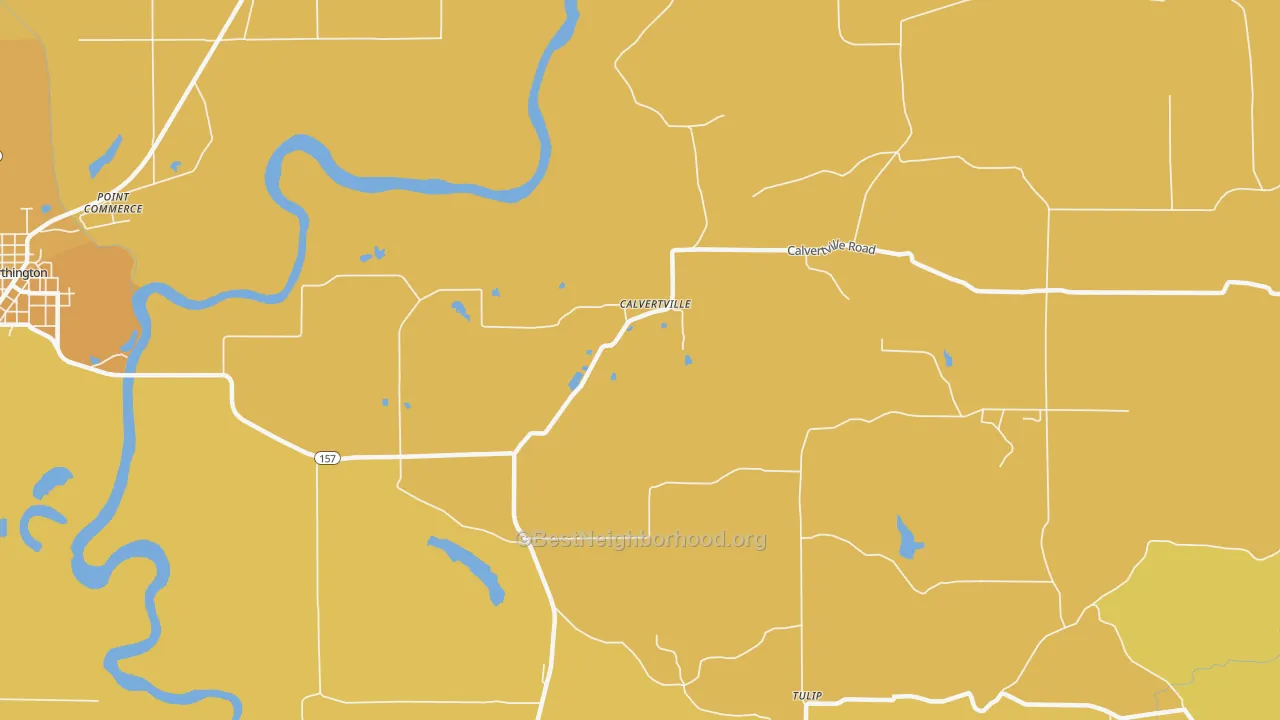 Map of the best neighborhoods in the Calvertville area, with better matches in green and worse matches in red