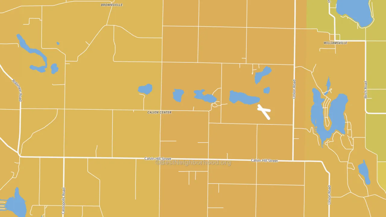 Map of the best neighborhoods in the Calvin Center area, with better matches in green and worse matches in red