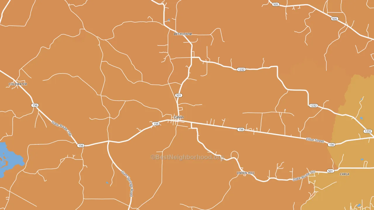 Map of the best neighborhoods in the Calvin area, with better matches in green and worse matches in red