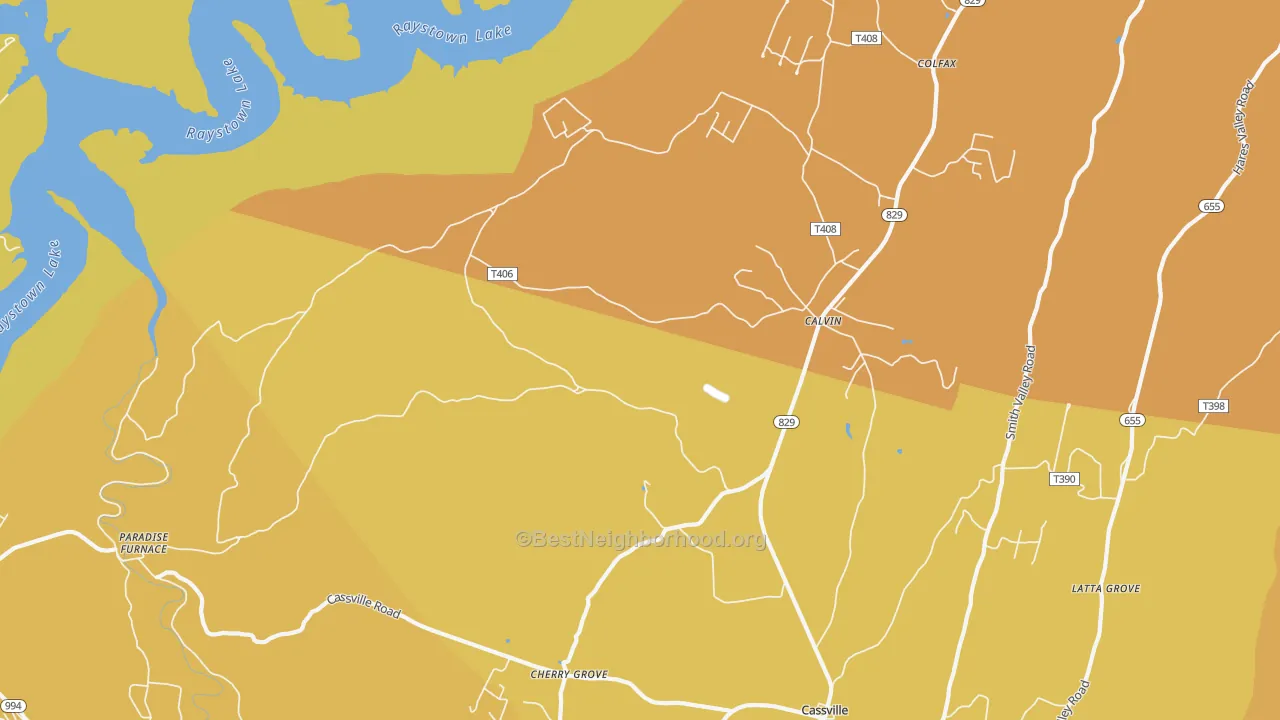 Map of the best neighborhoods in the Calvin area, with better matches in green and worse matches in red