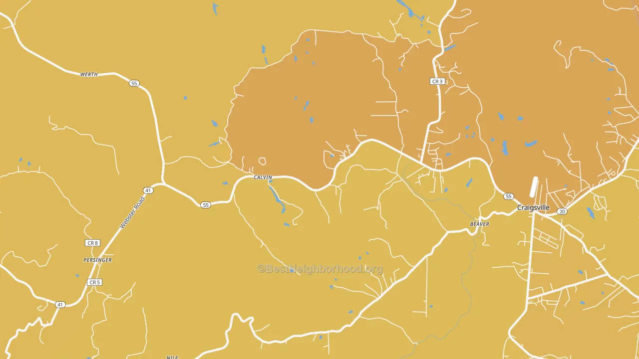 Map of the best neighborhoods in the Calvin area, with better matches in green and worse matches in red