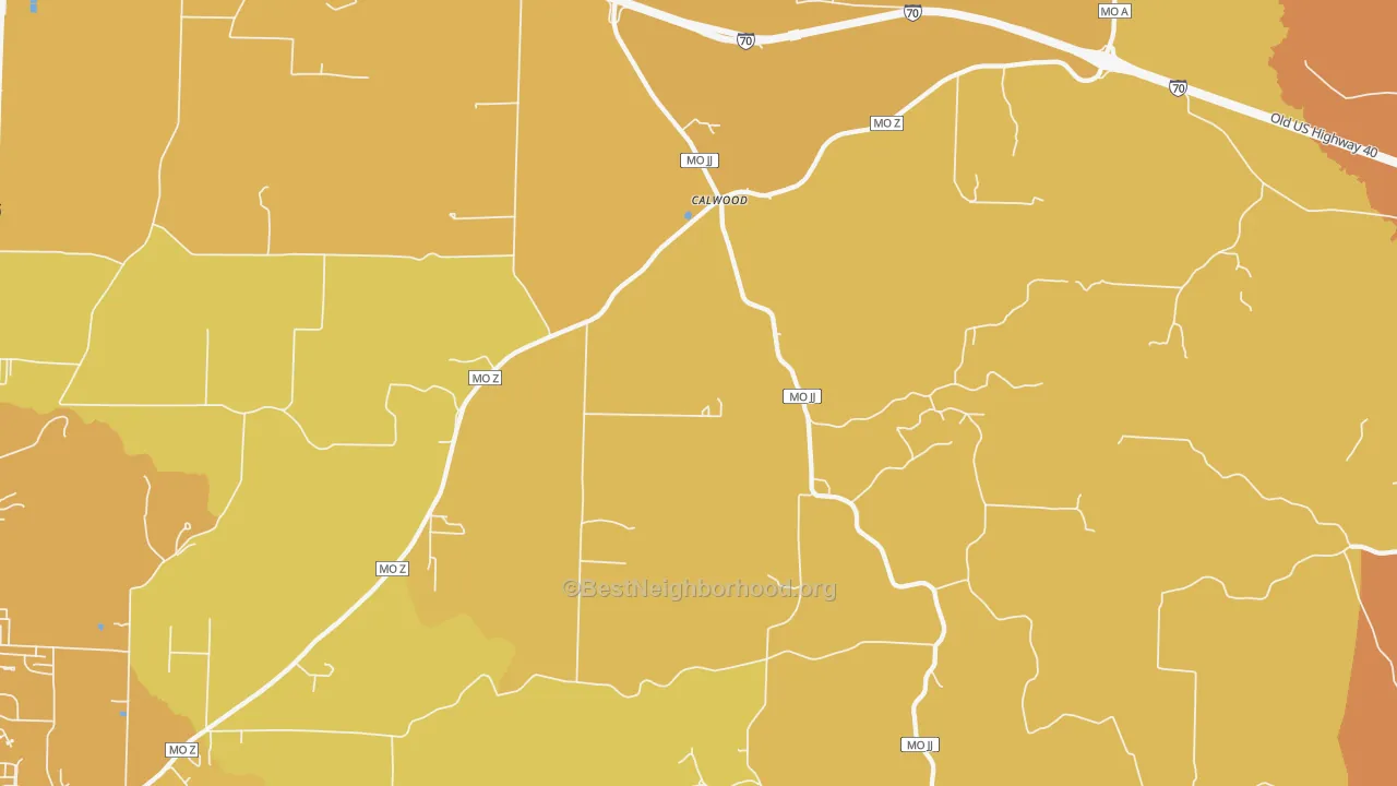 Map of the best neighborhoods in the Calwood area, with better matches in green and worse matches in red