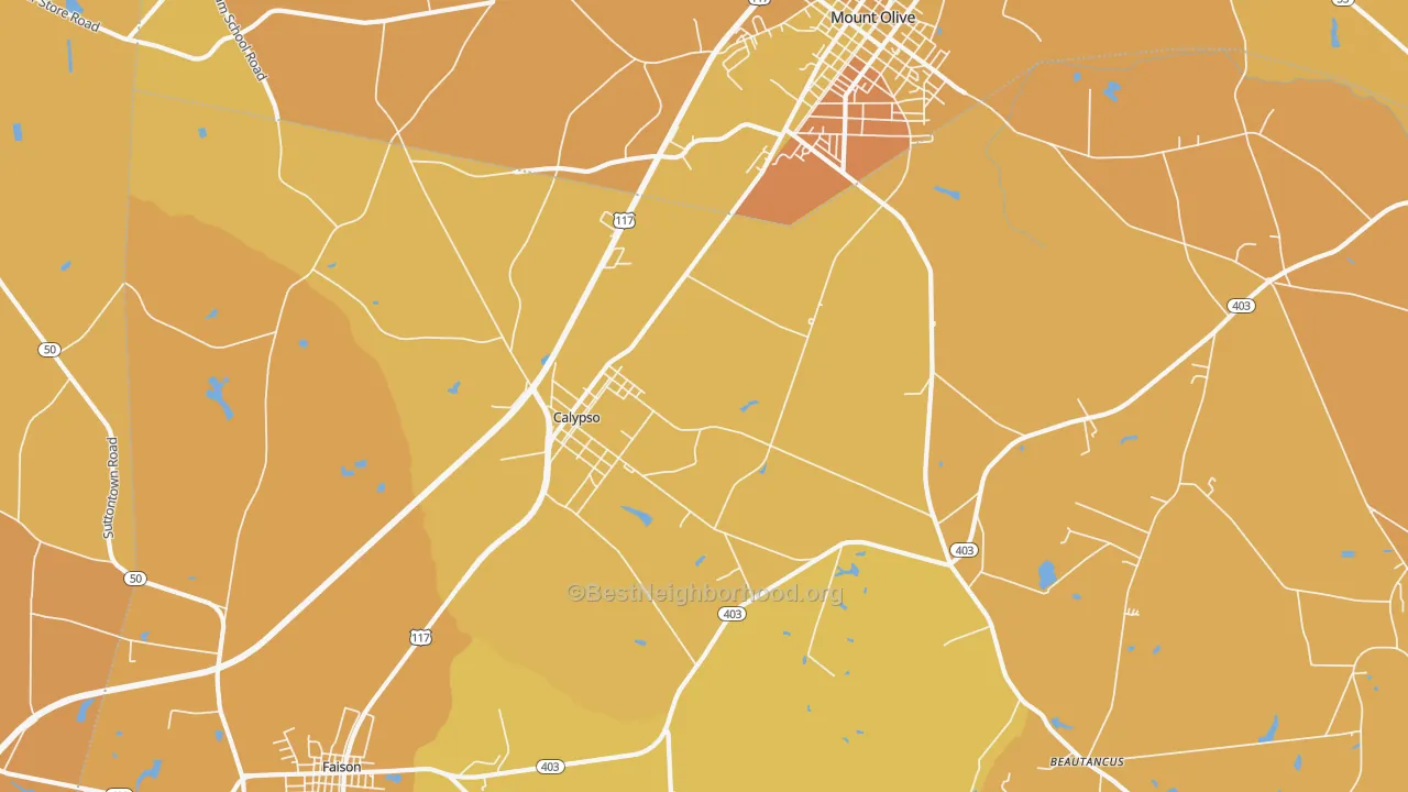 Map of the best neighborhoods in the Calypso area, with better matches in green and worse matches in red