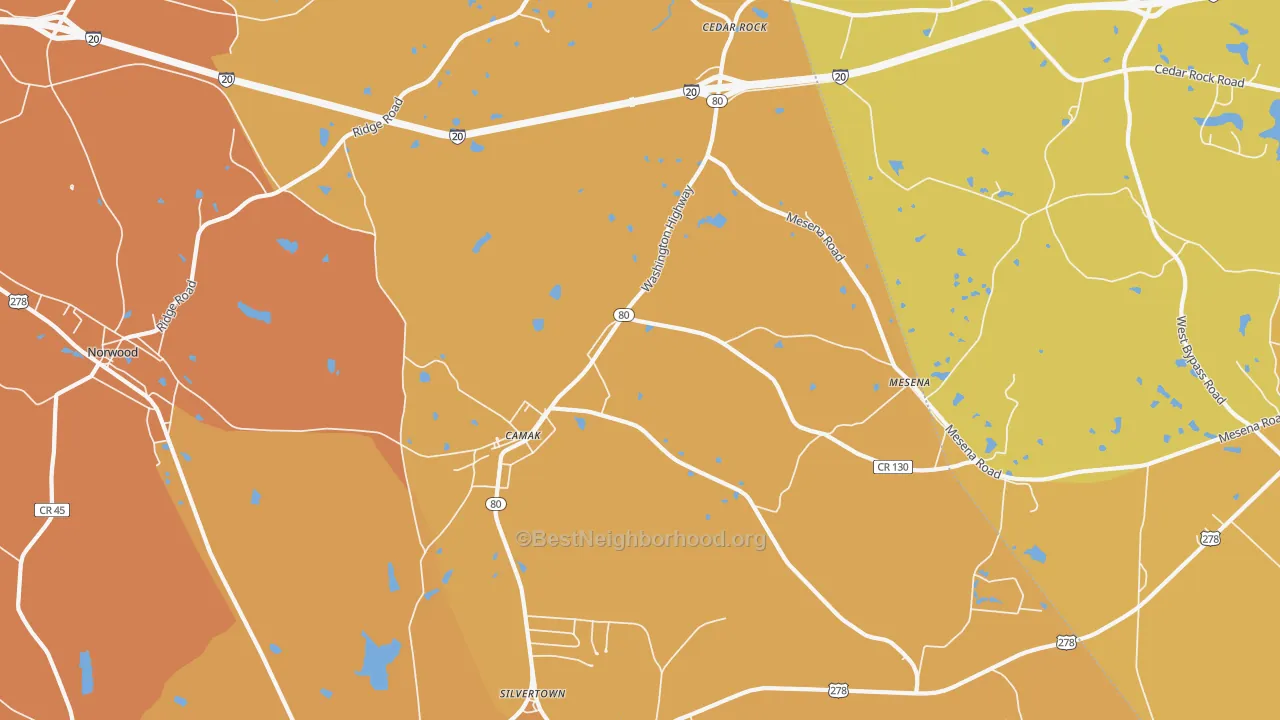 Map of the best neighborhoods in the Camak area, with better matches in green and worse matches in red