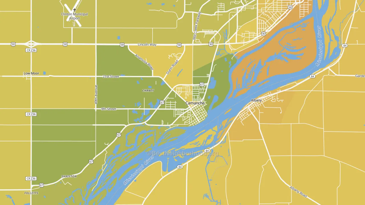 Map of the best neighborhoods in the Camanche area, with better matches in green and worse matches in red
