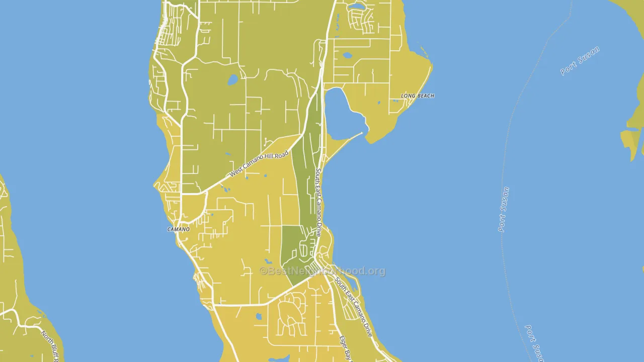 Map of the best neighborhoods in the Camano Island area, with better matches in green and worse matches in red