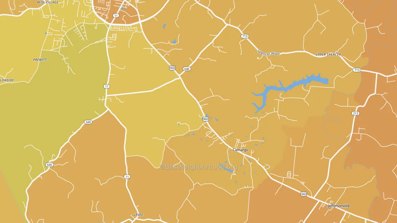 Map of the best neighborhoods in the Camargo area, with better matches in green and worse matches in red