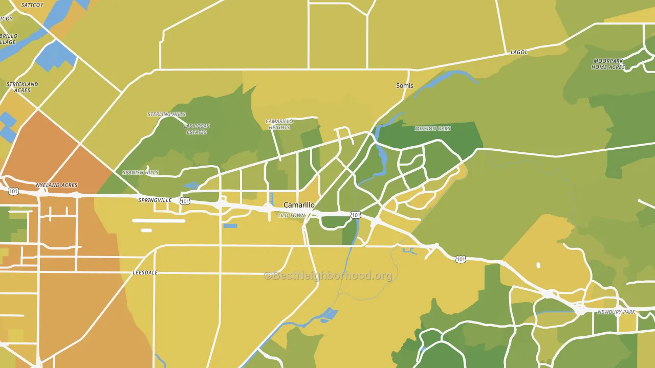 Map of the best neighborhoods in the Camarillo area, with better matches in green and worse matches in red
