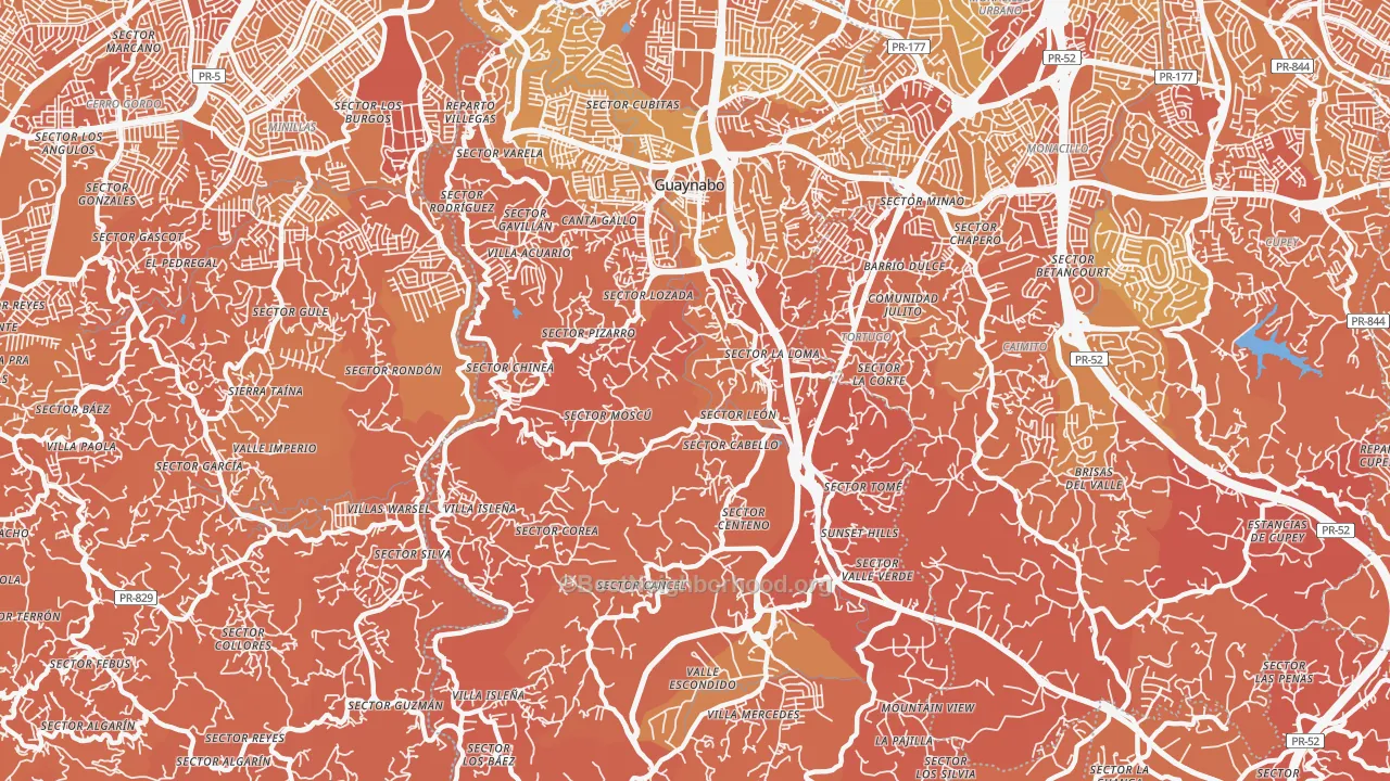 Map of the best neighborhoods in the Camarones area, with better matches in green and worse matches in red