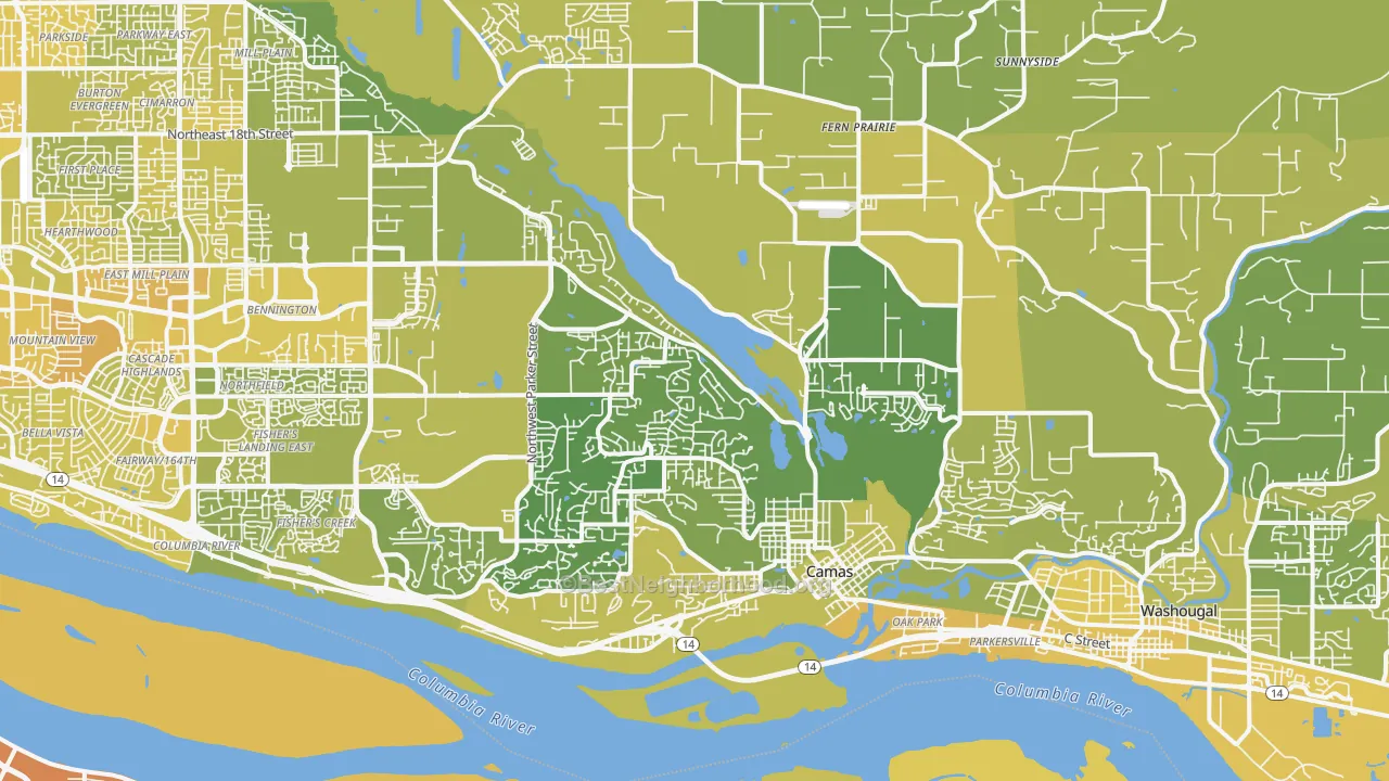 Map of the best neighborhoods in the Camas area, with better matches in green and worse matches in red