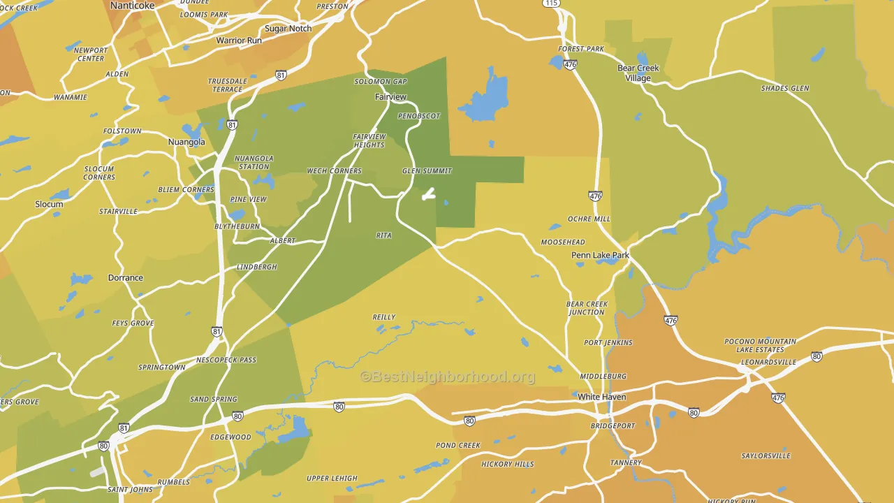 Map of the best neighborhoods in the Cambra area, with better matches in green and worse matches in red
