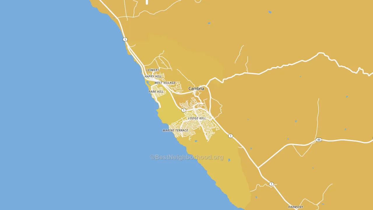 Map of the best neighborhoods in the Cambria area, with better matches in green and worse matches in red