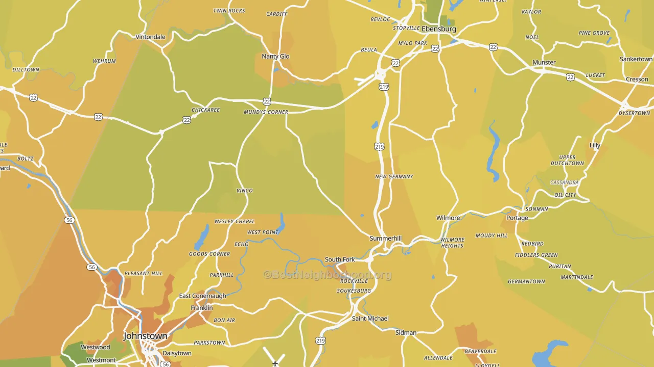 Map of the best neighborhoods in the Cambria County area, with better matches in green and worse matches in red