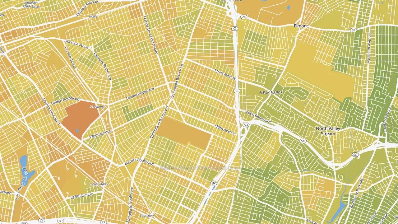 Map of the best neighborhoods in the Cambria Heights, Queens area, with better matches in green and worse matches in red